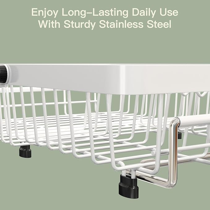 MAJALiS White Dish Drying Rack Over The Sink with Utensil Holder, Mat | Expandable Stainless Steel Dish Drainer for Small Kitchen, Apartment, RV, Counter Space Saving, Perfect Fit, Rustproof