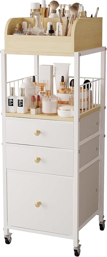 Makeup Organizer Cart with Drawers, Make up Organizers for Vanity, Floor Skincare Organizers- for Cosmetics, Nail Polish, Art Supply, Bathroom Vanity Desktop Organizer (White)