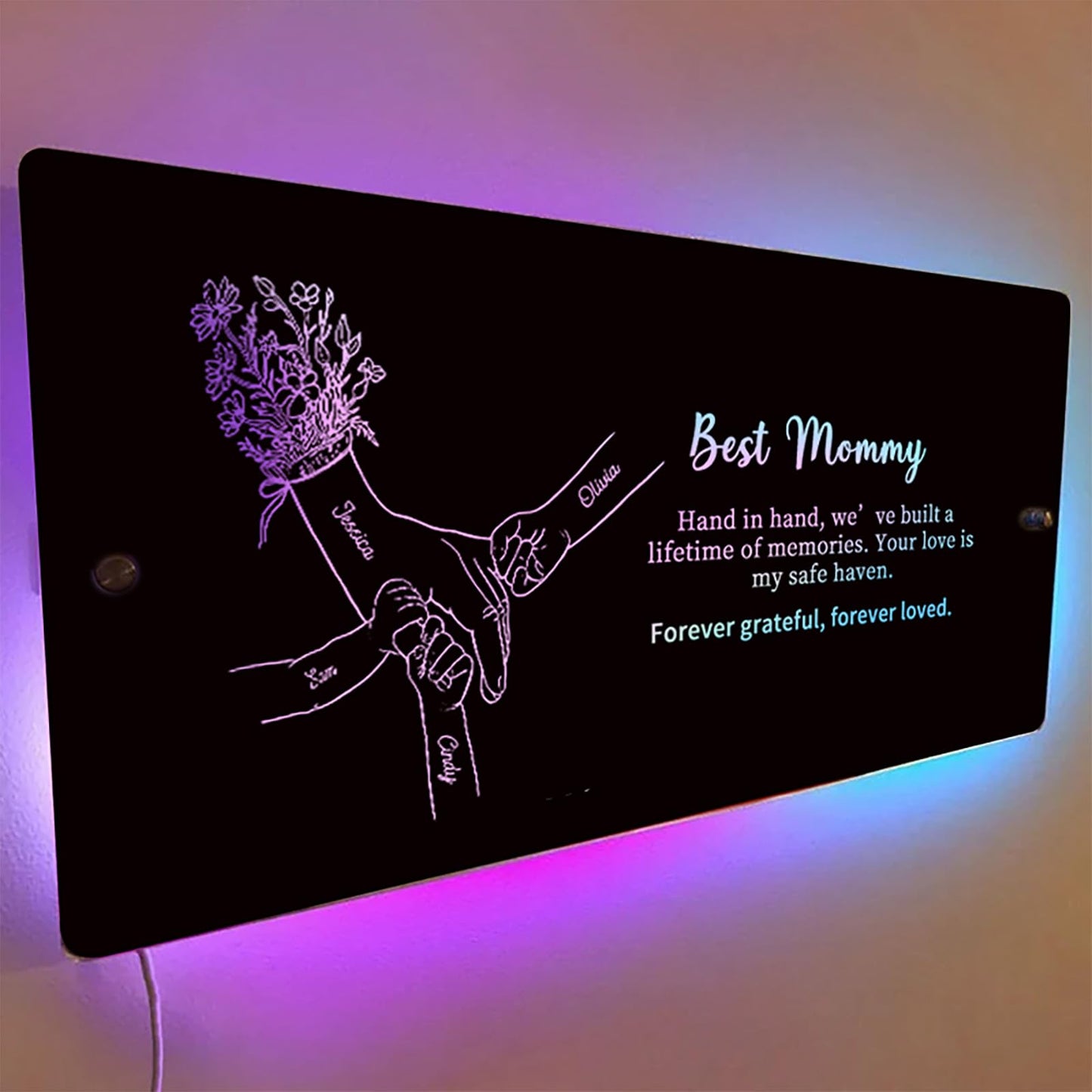 ROSLILY Hand in Hand Personalized Mom and Kids' Hands Mirror Light, Mothers Day Light Up Mirror with Kid's Name, Wall Mounted Name Neon Signs for Mom Grandma Bedroom Living Room Decor