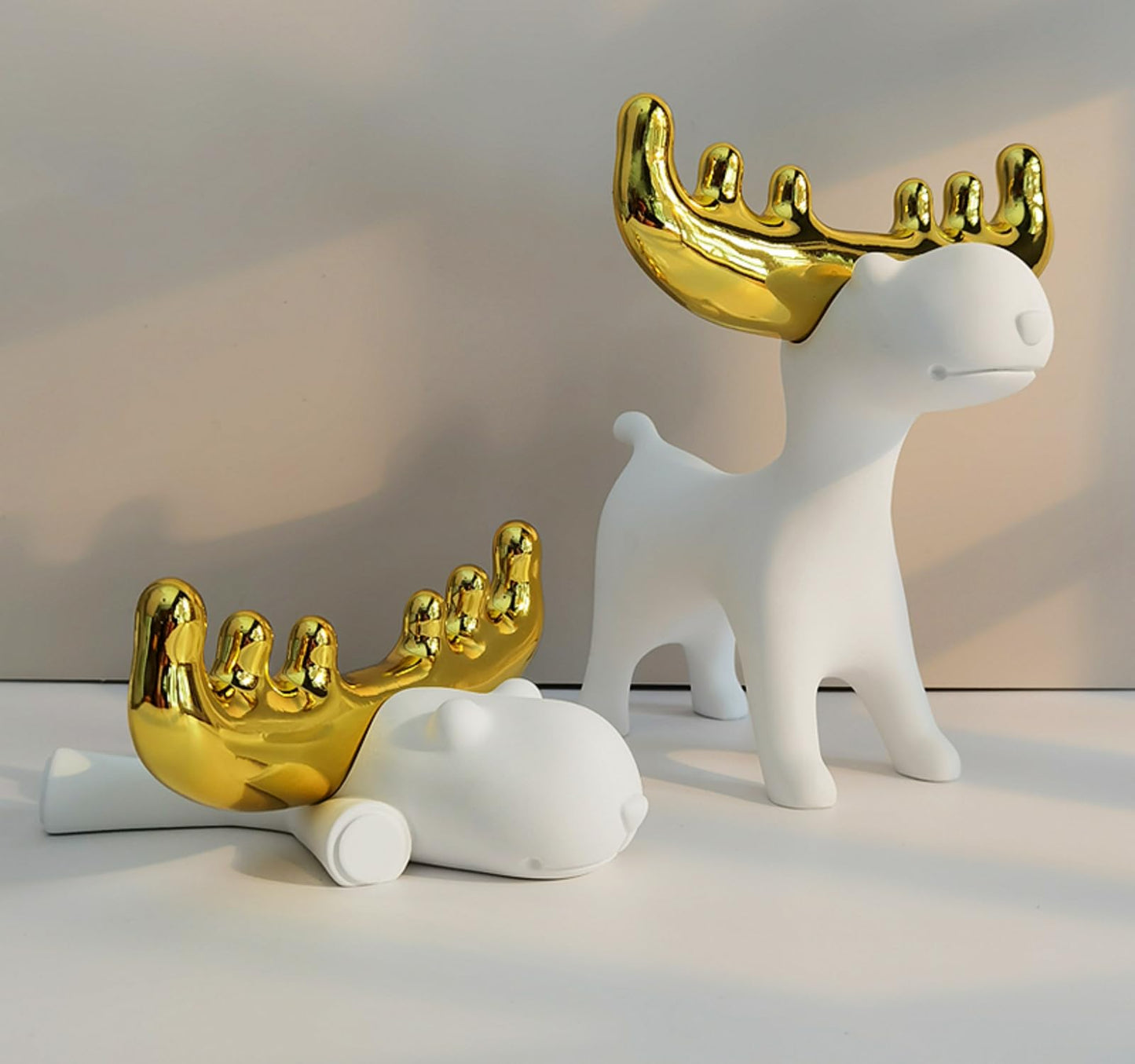ZMLOOK Modern White Resin Deer Figurine with Gold Antlers – 7.48 x 69 x 7.72 Minimalist Animal Sculpture for Home & Desk Decor(Standing/Reclining Style)