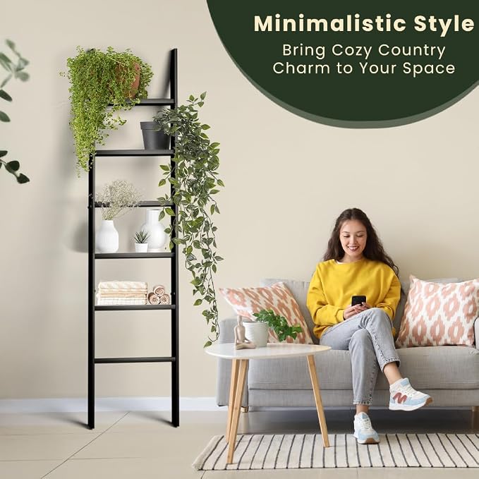Decorative Foldable Wooden Blanket Ladder with Hooks, 6-Tier Pine Wood Quilt Ladder 68" — Easy Assembly, Anti-Slip, Farmhouse Decor Rack Stand for Living Room, Bedroom Bathroom (Black)