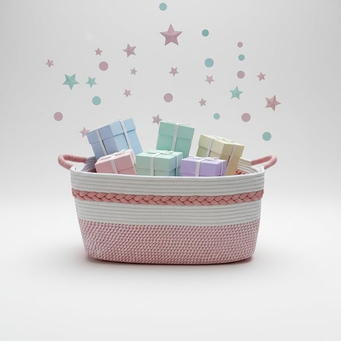Decorative laundry basket with handles woven from natural cotton rope storage blankets for living room cute boho quilted gift baskets for clothes pillows toys 20"x14"x10",white/pink