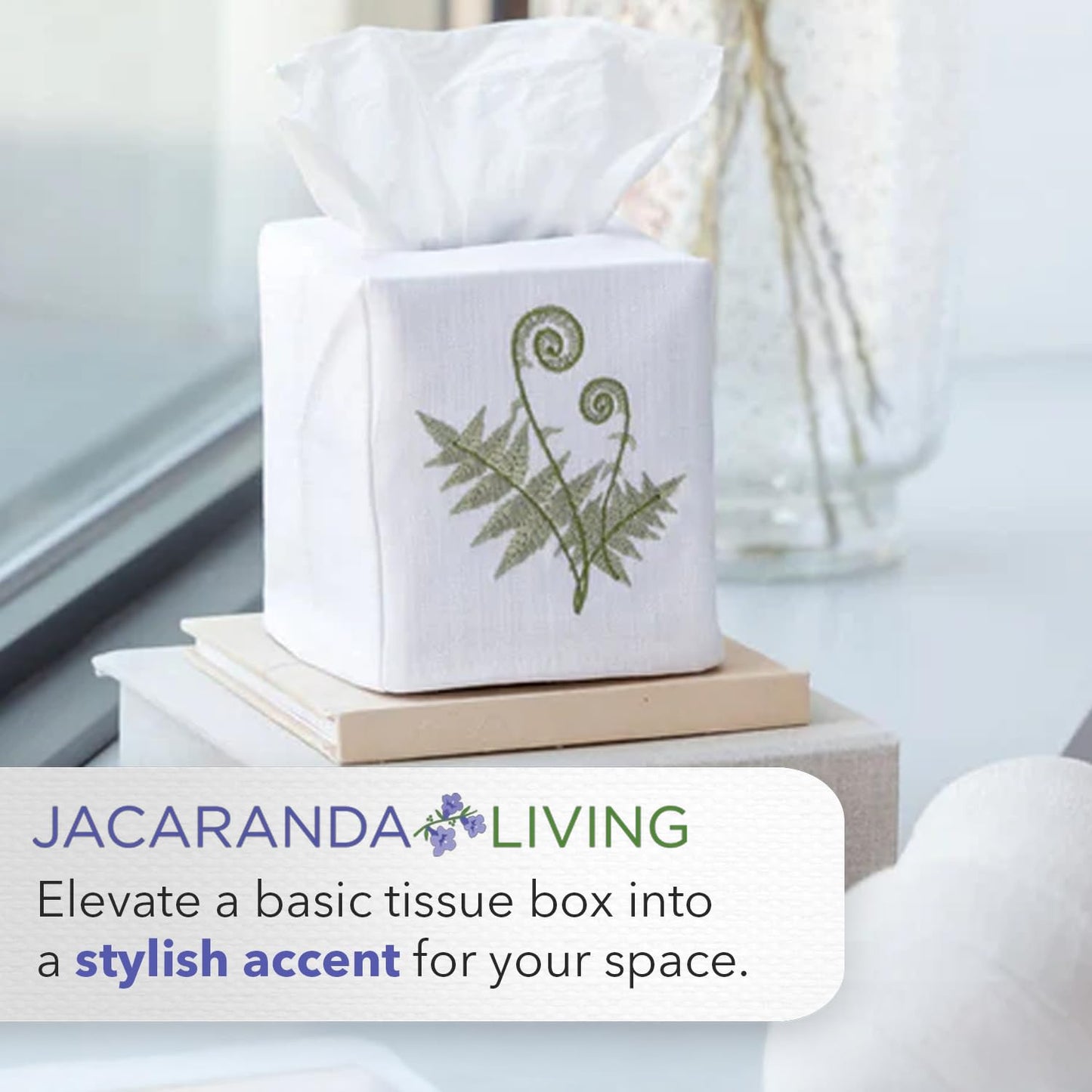 Jacaranda Living Square Tissue Box Cover, Linen/Cotton Fabric Tissue Holder, Decorative Cloth Tissue Cube Cover, Scrolls Design Amalfi Scroll, Blue