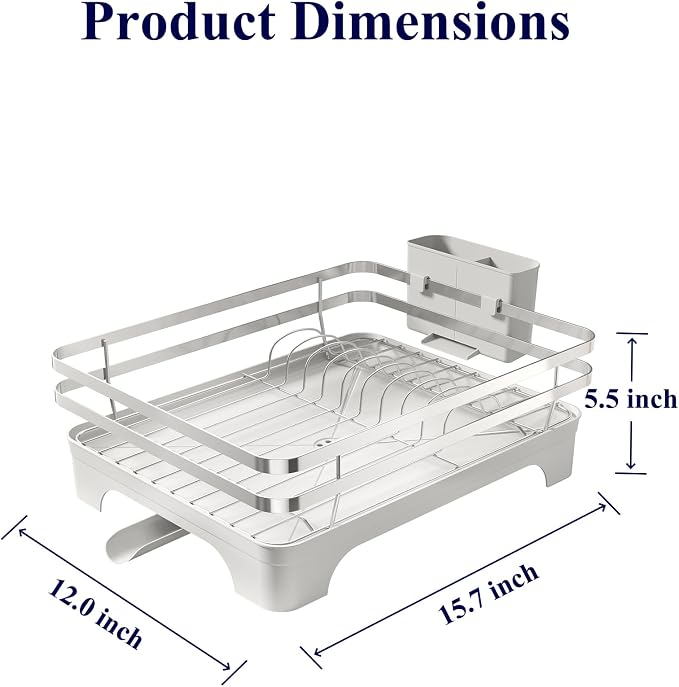 Kitsure Dish Drying Rack - Multi-Functional Dish Rack for Kitchen Counter with Cutlery Holder, Rust-Proof Storage Solution with Rotatable, 15.7" x 12.0" x 5.5", Sliver Grey