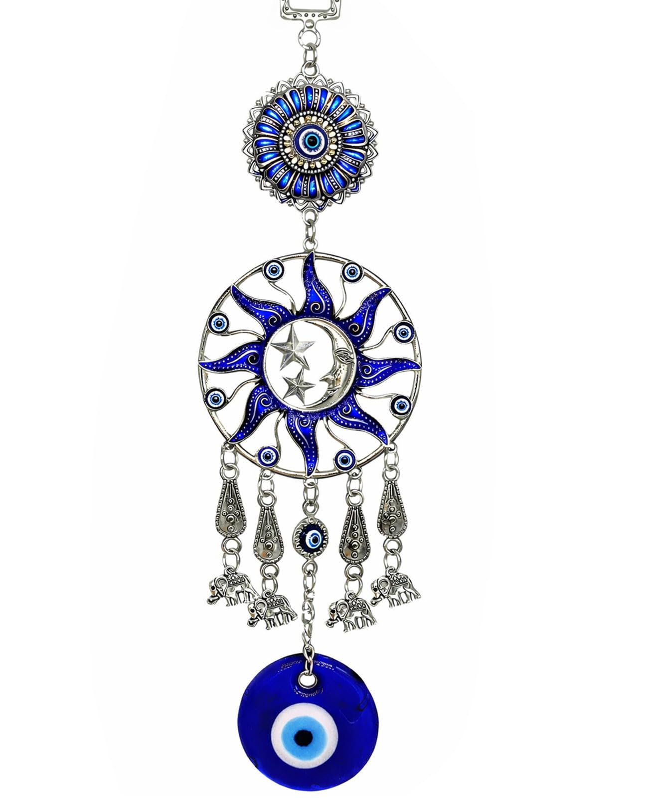Turkish Sun,Moon & Stars Evil Eye Wall Hanging, Blue Nazar Glass Decor, Celestial Guardian Ornament for Home -CL17