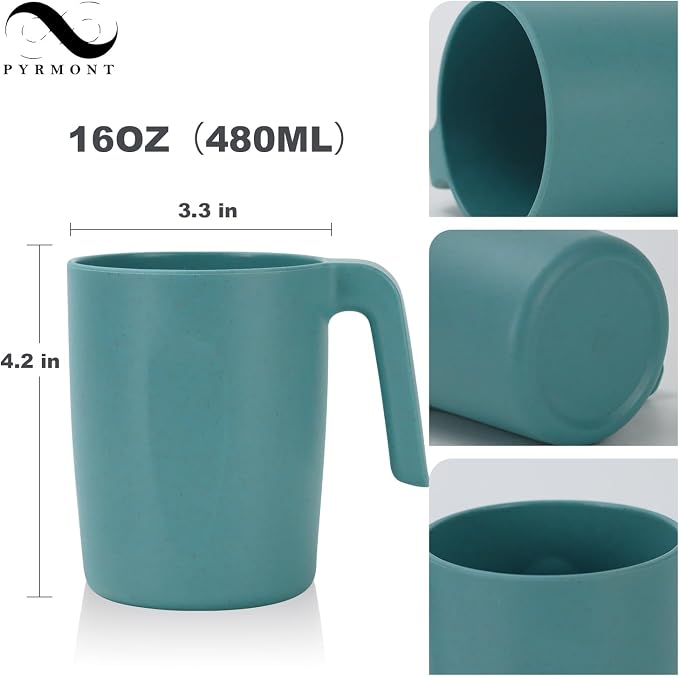 PYRMONT Wheat Straw Cups 16 Oz Alternative Plastic Cups With Handle Dishwasher & Microwave Safe Mug Set of 6 Unbreakable Cups Set for Iced Tea,Milk,Coffee-Green