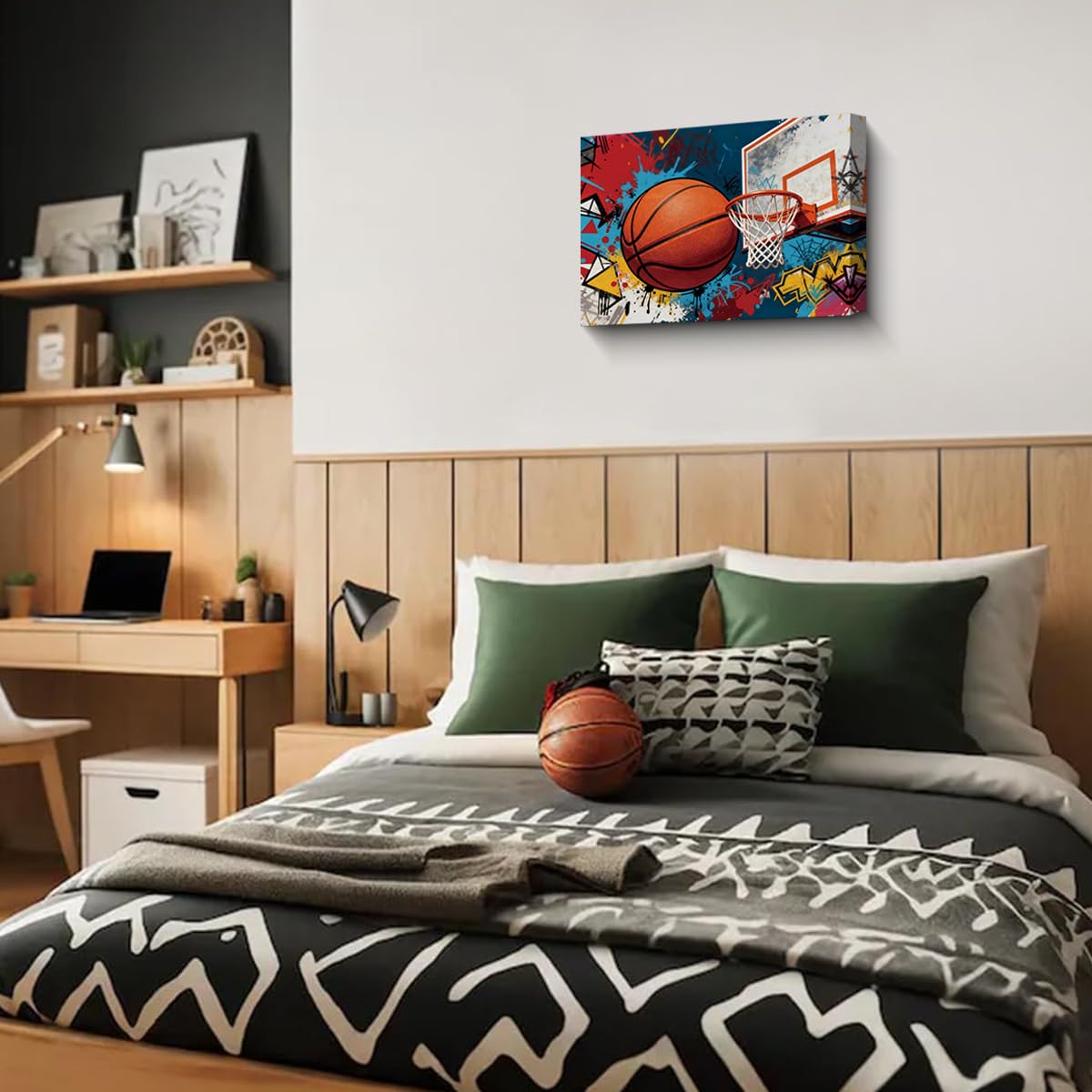 Framed Graffiti Basketball Wall Art - 12x16 Inch Vibrant Sports Canvas Poster for Room Decor