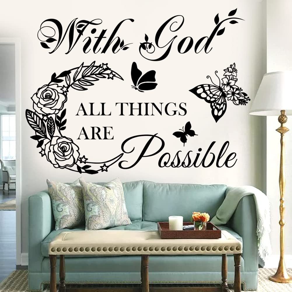 Inspirational God Things are Possible Vinyl Wall Sticker Peel and Stick Quote Bible Sticker Christian Wall Decor Quote Wall Art Stickers for Home Walls Living Room Bedroom Decoration