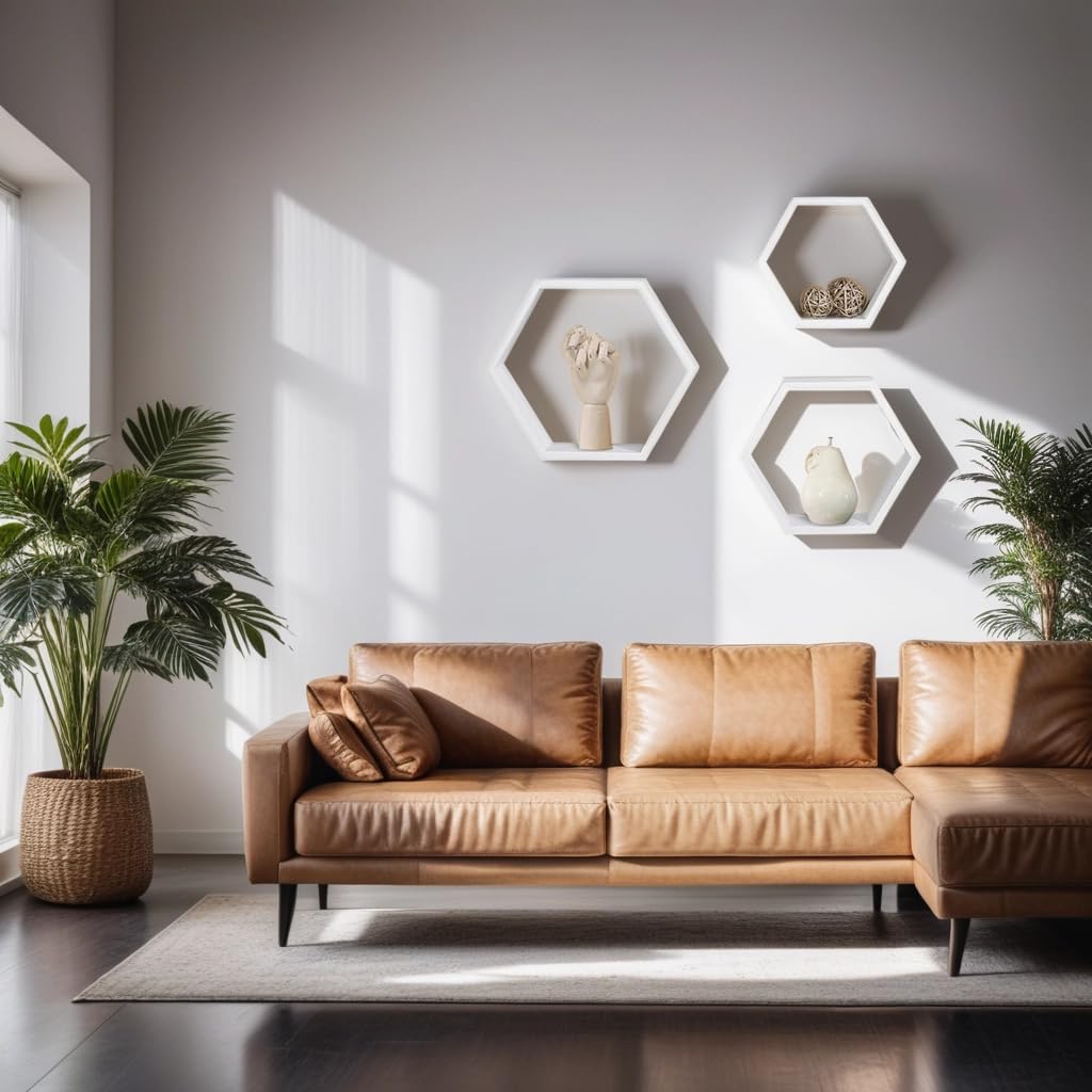 ROSE BLOOM Set of 3 White Wood Hexagon Shelves for Wall Decor - Farmhouse Honeycomb Shelves for Living Room Decor, Kitchen Storage, Mounted Storage - Durable, Stylish & Versatile