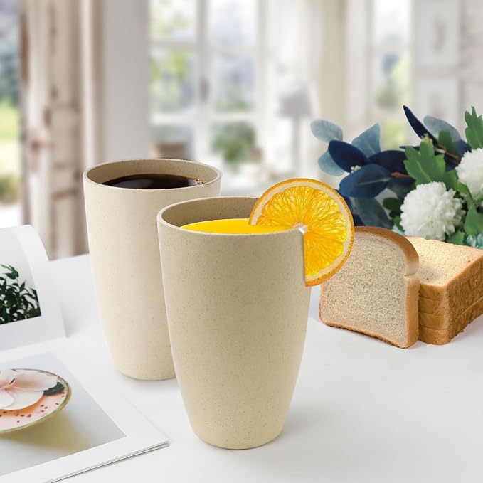 PYRMONT Wheat Straw Cups 20 Oz Alternative Plastic Cups Set of 6 Unbreakable Big Cups for Kitchen Dishwasher & Microwave Safe Large Water Cups for RV,Office-Beige