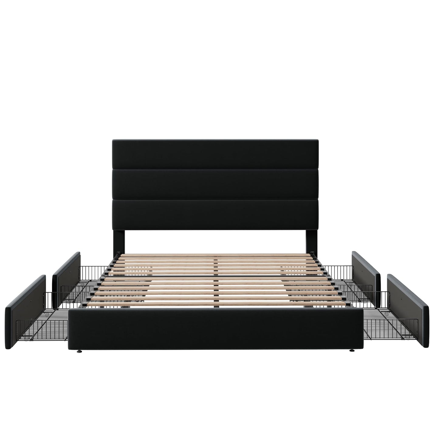 Allewie Modern Queen Size Platform Bed Frame with 4 Storage Drawers and Velvet Upholstered Headboard, Wooden Slats Support, Upholstered Mattress Foundation/No Box Spring Needed/Easy Assembly, Black