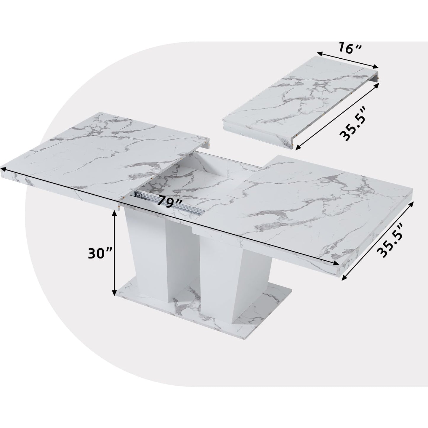 Senfarime Dining Table Extendable 63 in-79 in for 4-8 Expandable Wood Rectangle with Fluted Base for Dining Room Kitchen Living Room Furniture Marble White