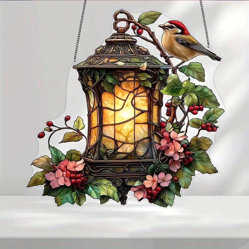 1PC Lantern with Bird and Flowers Acrylic Hanging, 7.08 inch Window Decor with Printed Stained Glass Style Design, Rainbow Maker Wall Art, Gift Idea & Garden Ornament Indoor Outdoor Use/YX-13