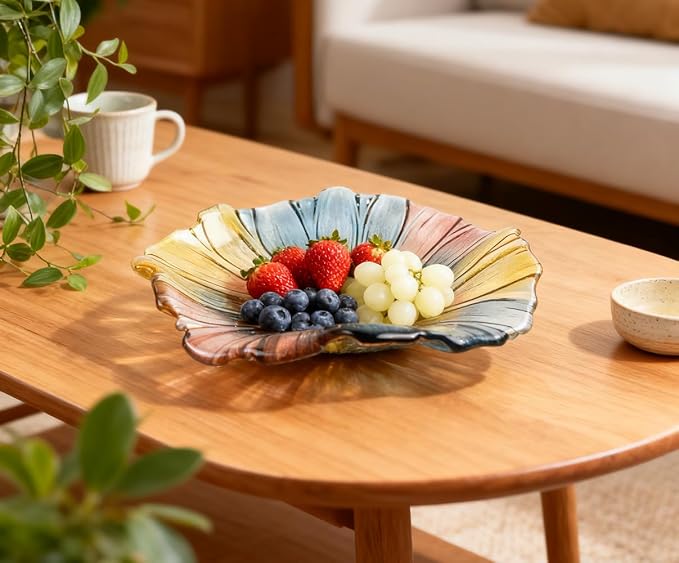 11.5-inch Crystal Glass Colorful Fruit Bowl Dessert Cake Candy Snack Plate,Art Sunflower-shaped,Large Size,Cool Design