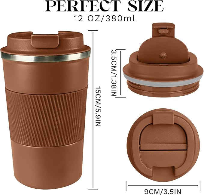 YINBAOGE Insulated Travel Coffee Mug, Spill & Leak Proof, Portable To Go Camping Stainless Steel Coffee Tumbler, Reusable Thermal Coffee Cup with Lid for Hot & Cold Drinks (Brown, 12 OZ)