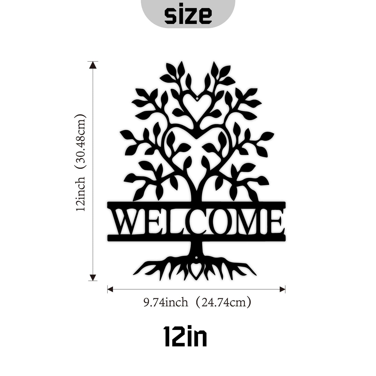 12" x 9.74" Black Metal Welcome Sign for Front Door, Tree of Life Wall Art Decor, New Home Welcome Porch Sign, for Home Living Room Office