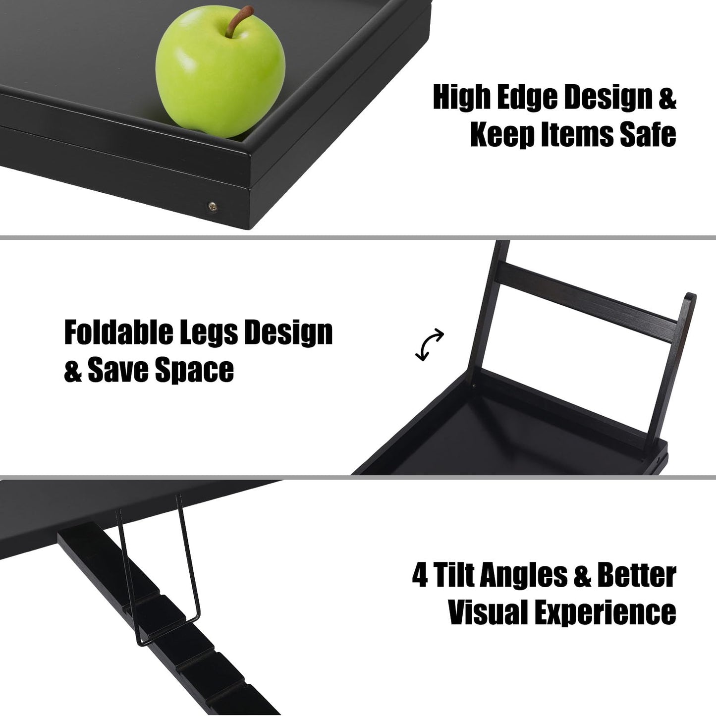 Bamboo Bed Tray Table,Breakfast Trays with Folding Legs,Kitchen Serving Tray for Sofa,Eating and Working,Used As Laptop Desk Snack Tray,Black