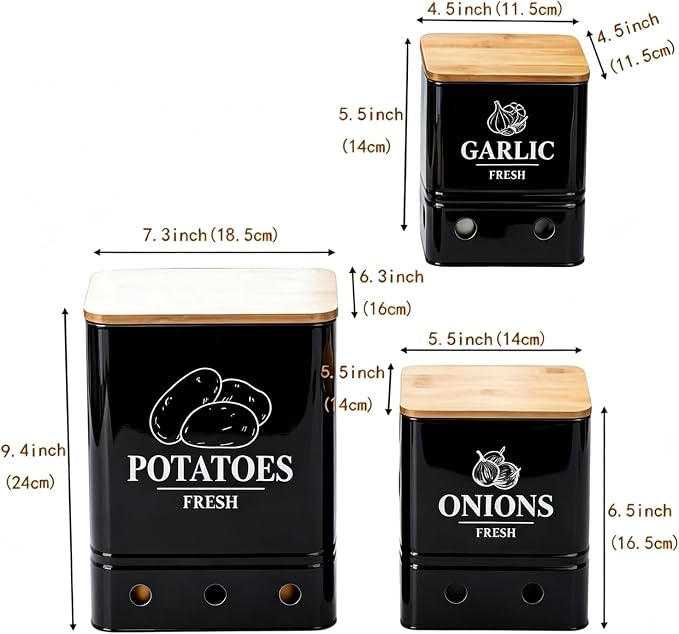 Simcat Kitchen Vegetable Storage Tins Set of 3, Potato Onion Garlic Kitchen Storage Canisters, Vegetable bin Keeper Containers with Aerating Holes and Wooden Lid (Black 1)