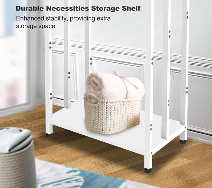 44 Inch Tall Free Standing Towel Rack with Metal Storage Shelf & 6 Hooks for Bathroom, 3 Tiers Heavy Duty Blanket Drying Stand Holder for Outdoor Pool, Bedroom, Living Room, White