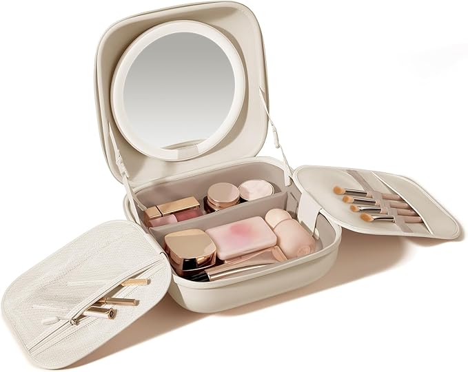 AMIRO M3 Cube Makeup Bag with Lighted Mirror, Stepless Brightness & 3 Color Modes, MagSafe Magnetic Mirror, Portable Travel Organizer with 1100lux Lighting, 4.5L Storage, Waterproof, 10 inches, White