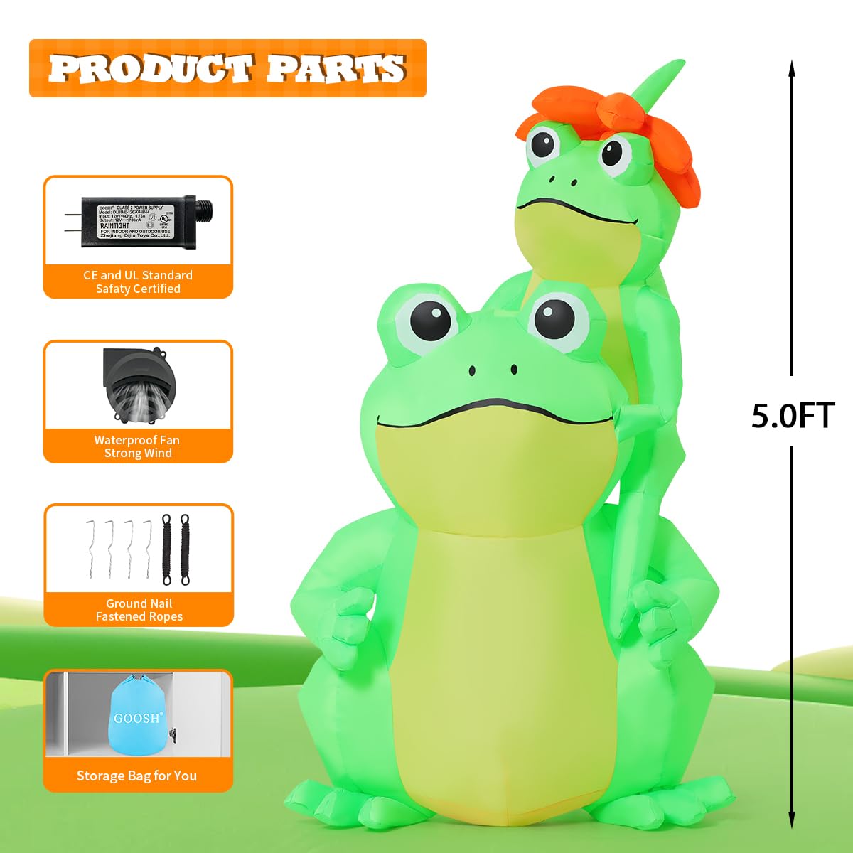 GOOSH 5 FT Summer Inflatables Frogs Decorations Blow Up Yard with Flower Built-in LEDs for Garden Lawn Indoor Party Decor