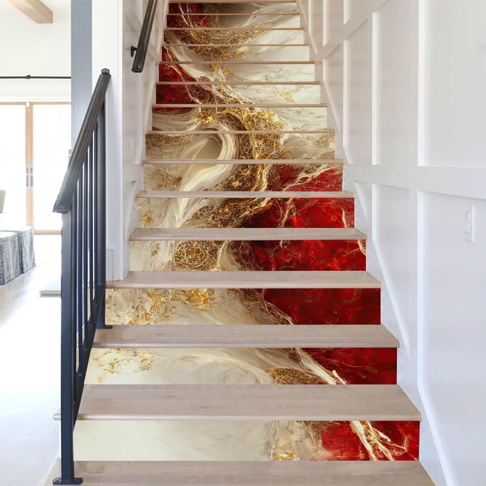REDAMANCY Golden Ruby Crystal Fluid Marble Geometric Mosaic Peel and Stick Vinyl Stair Riser Decals Staircase Tile Stickers Decor Modern Marble Decoration Self-Adhesive(14 Pcs)