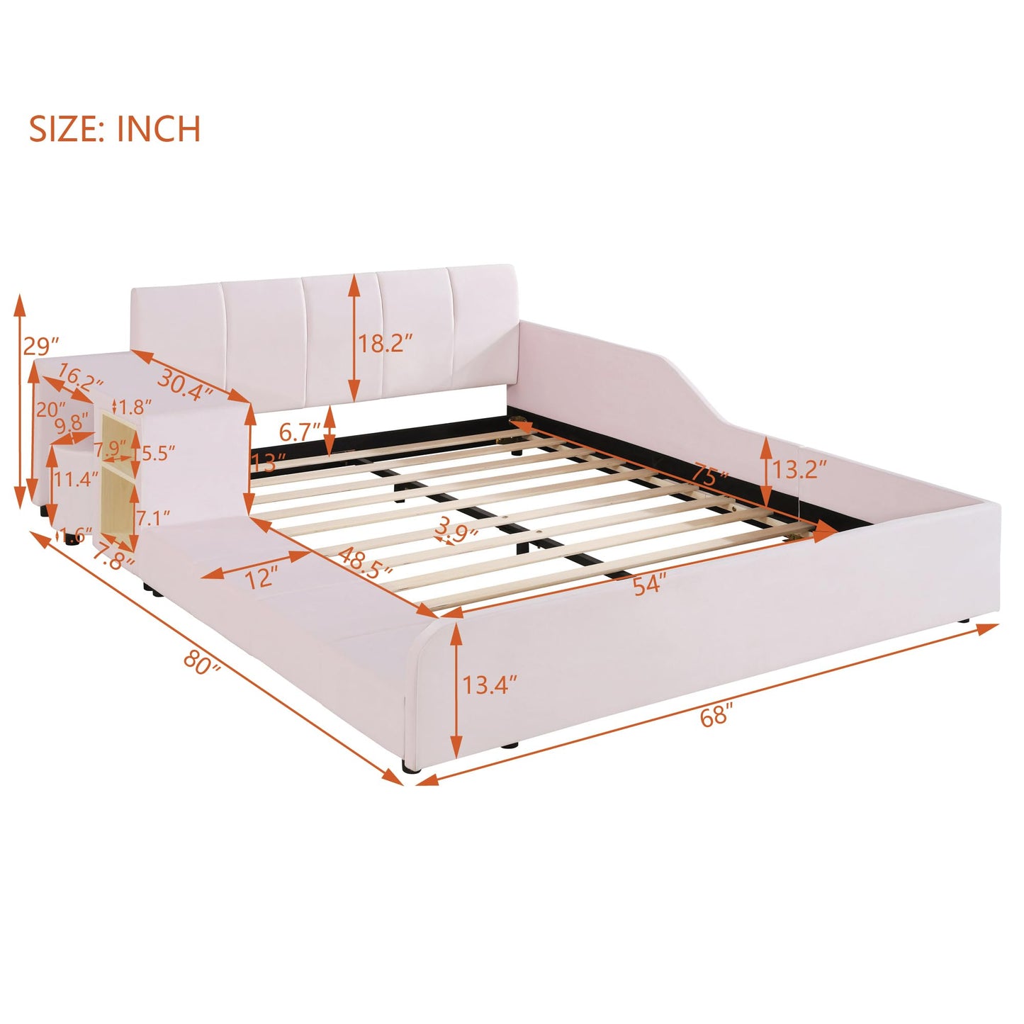 Merax Full Size Velvet Bed Frames Upholstered Grounded Bed, Wooden Mother & Child Bed with Bedside Desk and Little Round Stool,Kids Adults Bedroom Floor Platform Bed,Pink