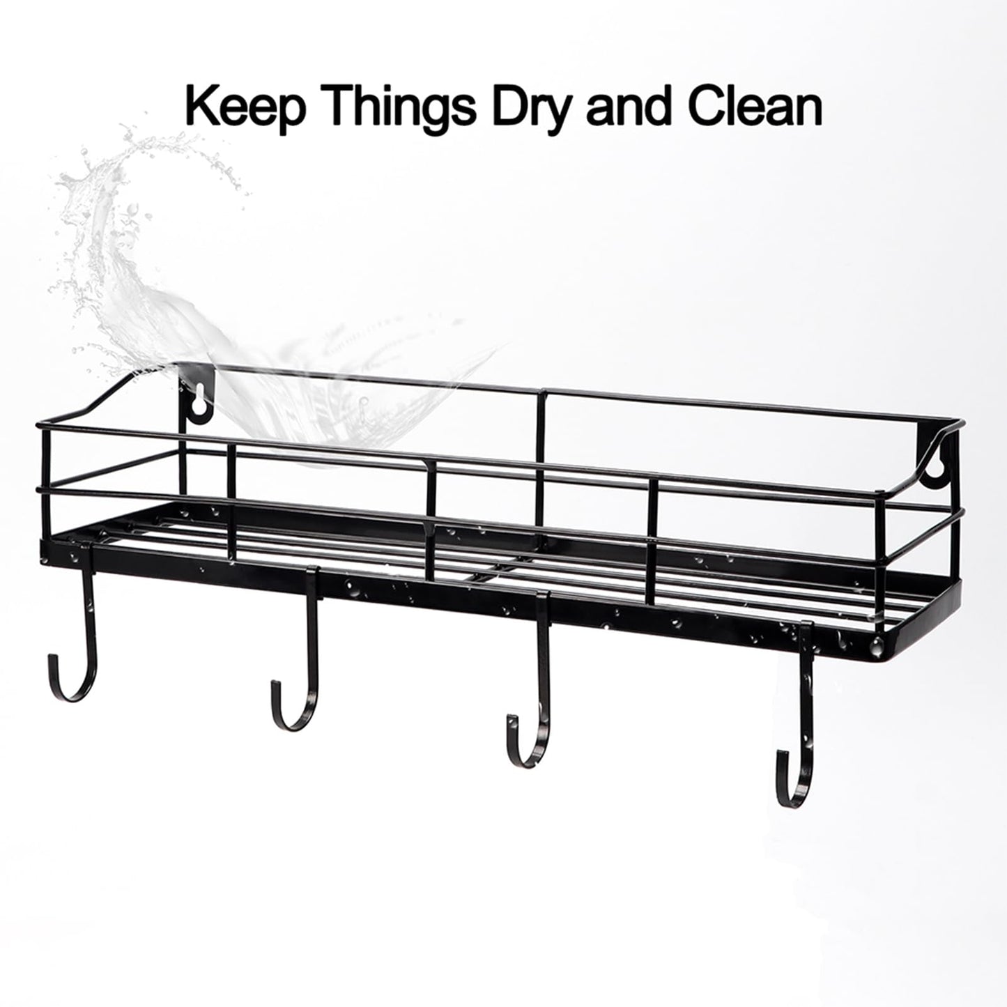 Lyeasw Black Floating Shelves Wall Mounted with 8 Removable Hanging Hooks, 15-Inch Adhesive Shower Shelf Organizer for Bathroom Kitchen Storage Rack, Set of 2
