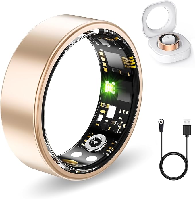 Smart Health Rings for Women Men, Fitness Tracker with Heart Rate, Blood Oxygen, HRV, Sleep Tracker, Step Tracker, No Subscription Fee, IP68 Waterproof Smart Ring for iphone & Android (Gold 13#)