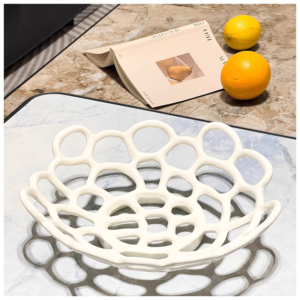 KITCISSL Fruit Bowl Ceramic Fruit Plate Living Room Household Coffee Table Decor, Coffee Table Decorative Centerpiece Candy Snacks Storage Basket Modern Creative Hollow Fruit Basket(White)