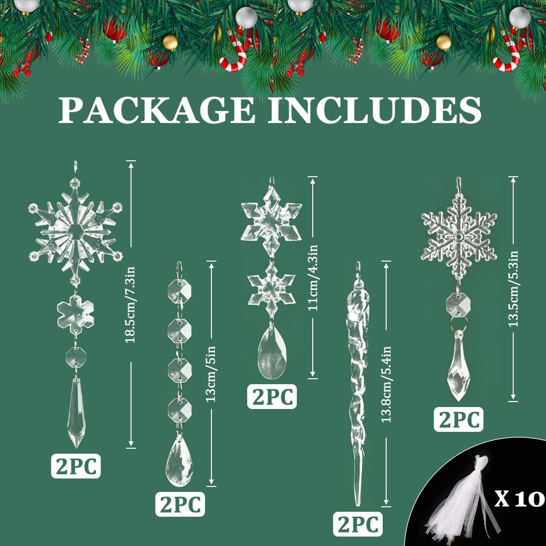10PCS Crystal Ornaments for Christmas Tree, Hanging Christmas Acrylic Snowflake Icicle Ornaments with Drop Pendants, Crystal Snowflake Ornament for Xmas Party Winter Wonderland New Years