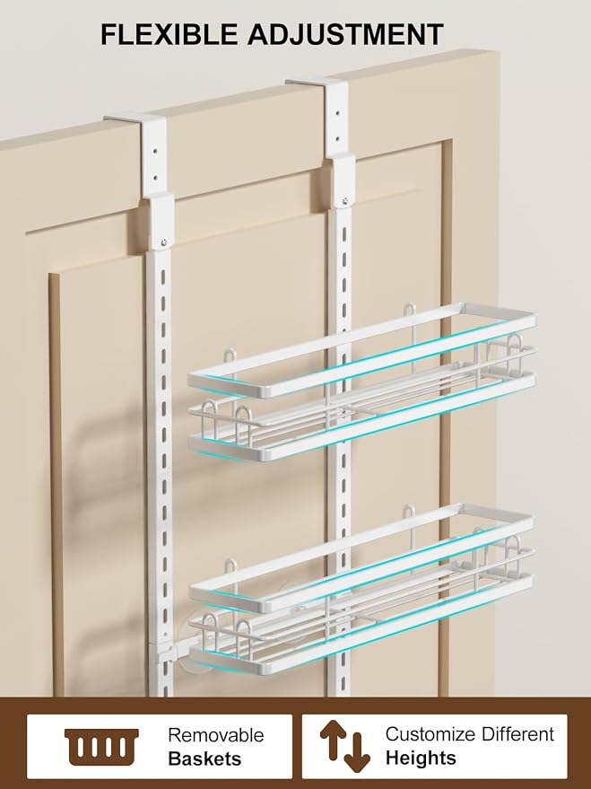 Delamu 9 Tier Over The Door Pantry Organizer, Pantry Organization and Storage, Hanging Spice Rack for Pantry Door Organizer, Metal Pantry Door Shelves for Kitchen Bathroom Laundry Room,15.3" White
