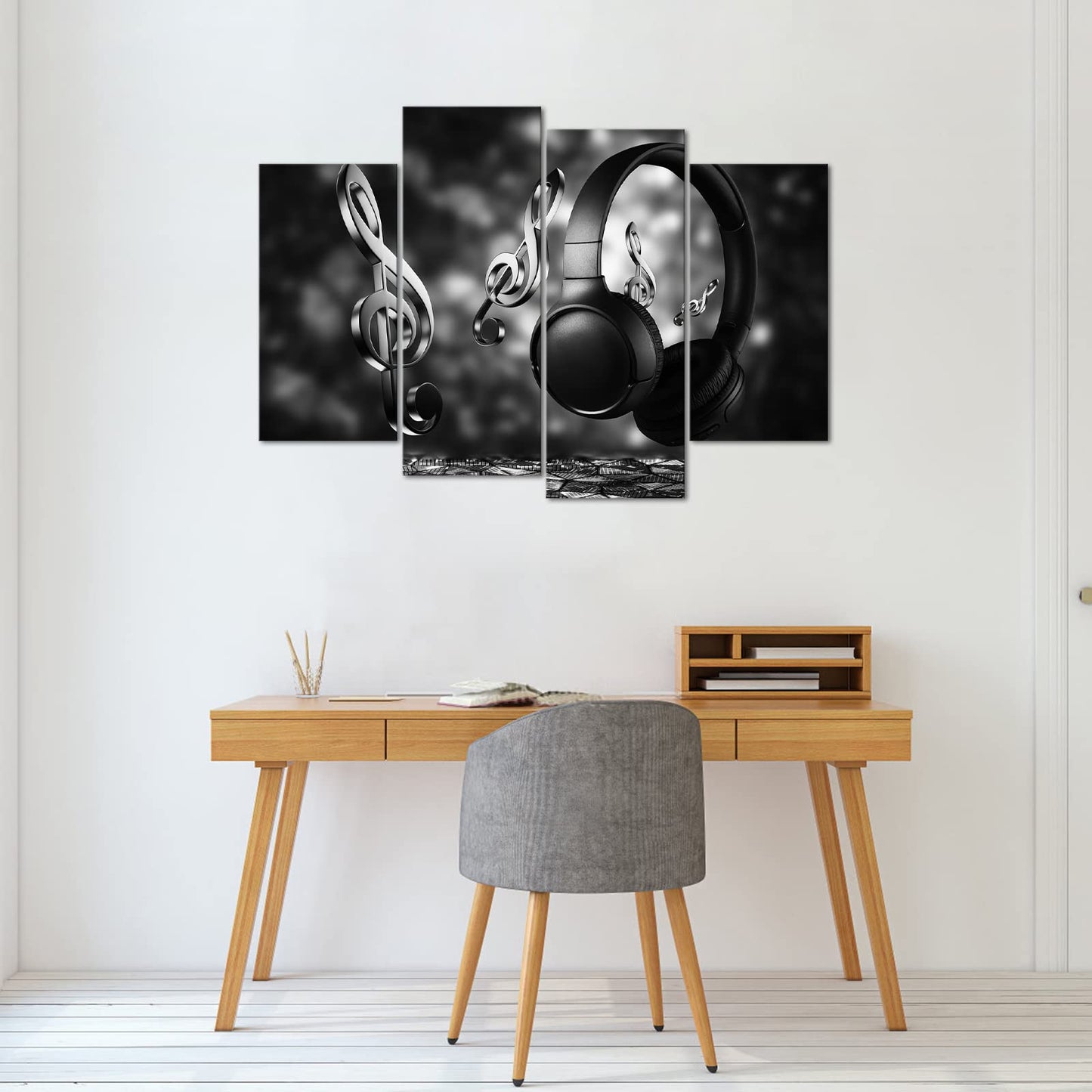 4 Panels Wireless Headphones Canvas Wall Art Black and White Notes Pictures Painting HD Earphones Photo Posters for Modern Music Room Studio Walls Decor Stretched and Framed Ready to Hang