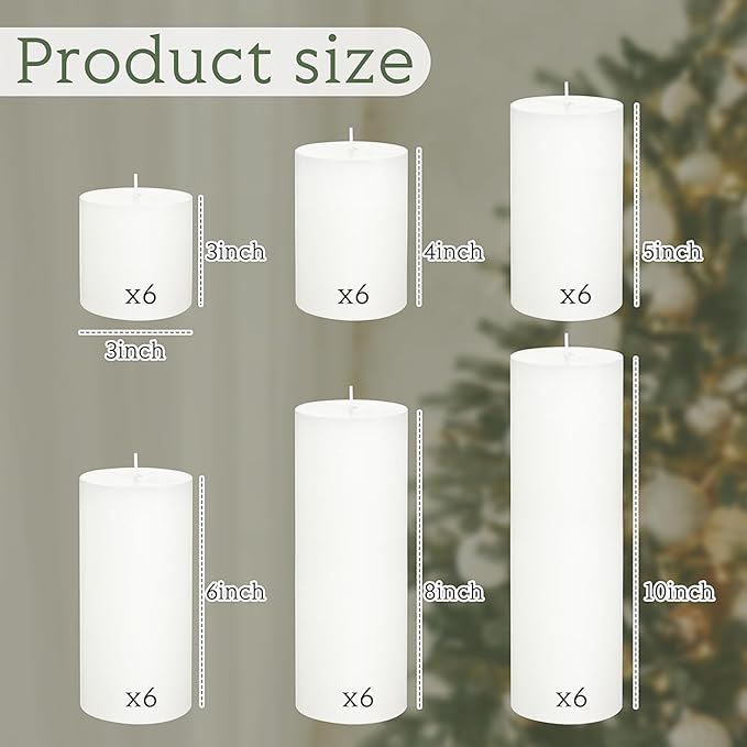 Shihanee 36 Pcs Pillar Candles 3 in x 3,4,5,6,8,10 Dripless Unscented Smokeless Candle Long Burning Decorative Rustic Candles with Cotton Wick for Wedding Home Fireplace (White)