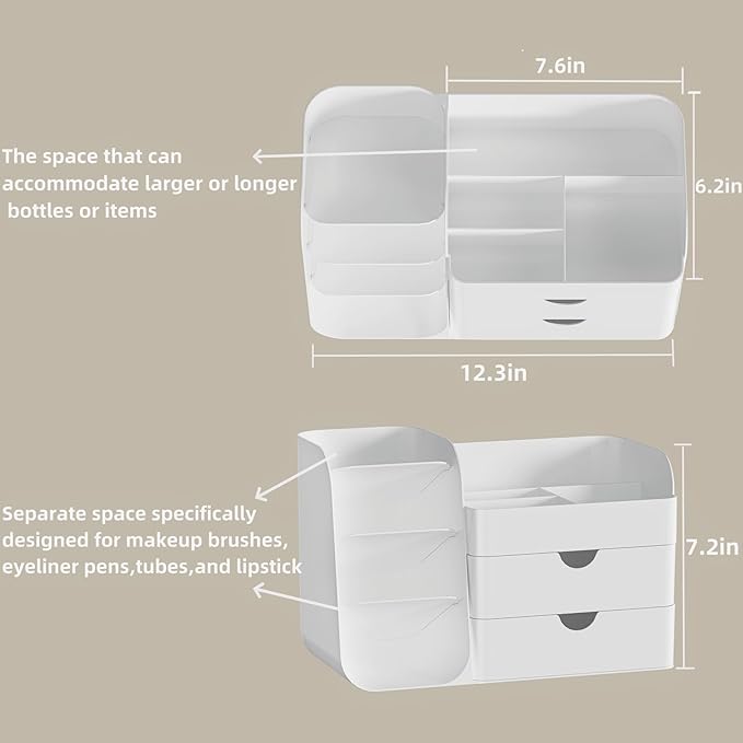 Makeup Organizer with Drawers, Large Capacity Countertop Organizer for Vanity, Bathroom and Bedroom Desk Cosmetics Organizer, Easy To Storage Skincare, Brushes, Eyeshadow, Lipstick (All White)