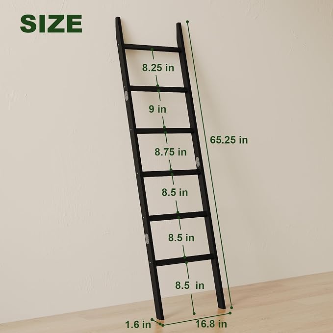 Bamboo Towel Rack 6-Tier Blanket Ladder for Living Room, Bedroom, Bathroom Space-Saving Decorative Ladder for Quilts, Towels and More Black