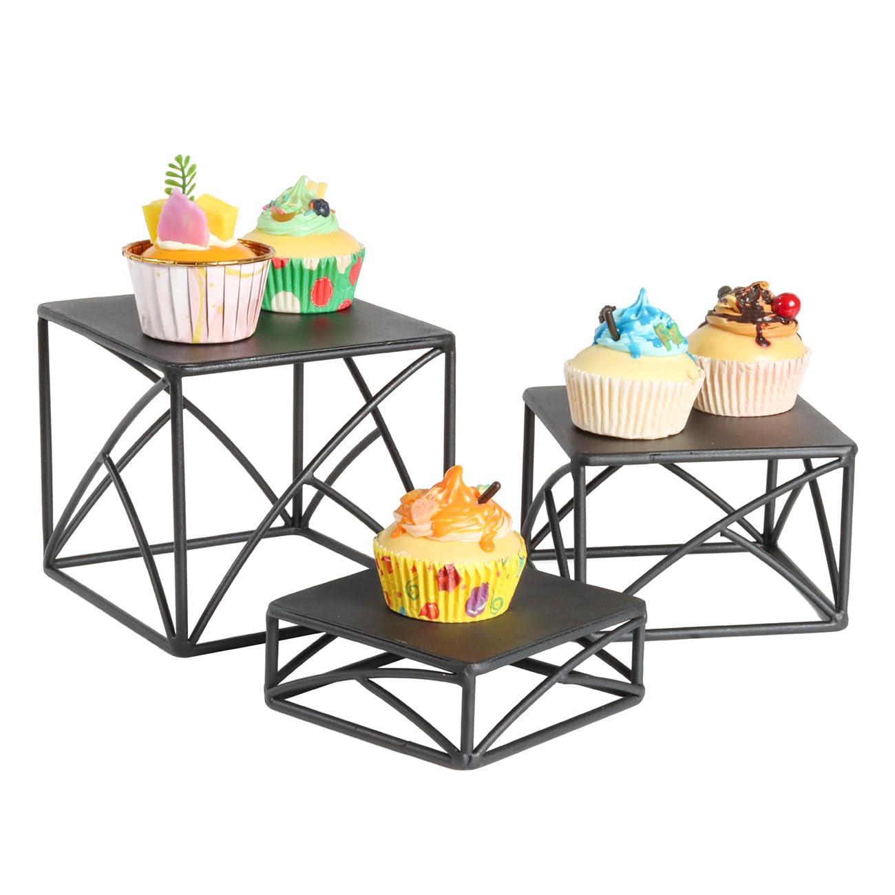 BYCY Dessert Tabletop Risers 6 Inch White Square Matte Wire Nesting Cupcake Risers Display Stand Shelf for Catering Collectibles Jewelry Figures Show , Set of 3 (Black)