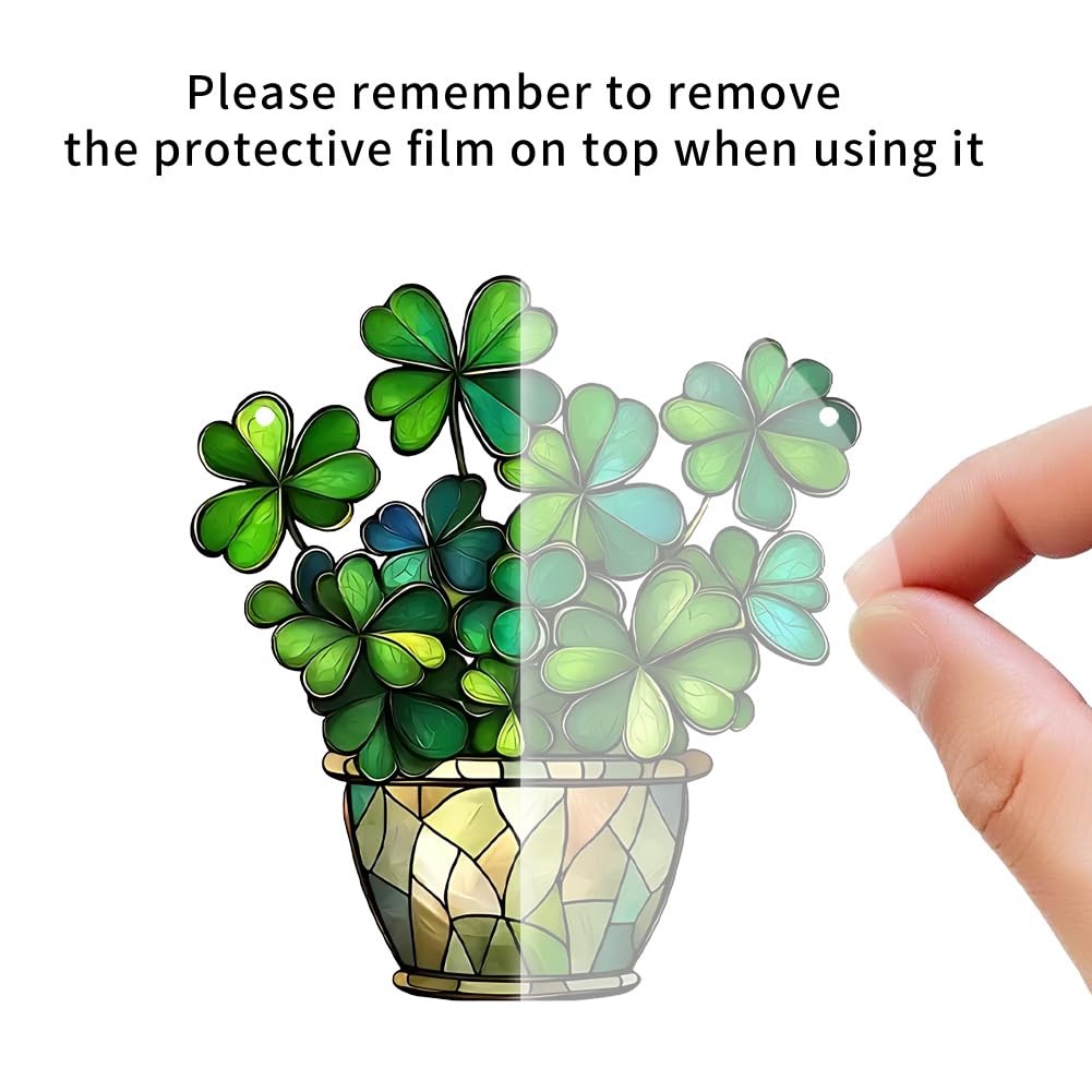 1PC Shamrock in Pot Acrylic Suncatcher Hanging, 7.08 inch Window Decor with Printed Stained Glass Style Design, Rainbow Maker Wall Art, Gift Idea & Garden Ornament Indoor Outdoor Use/ZW-02