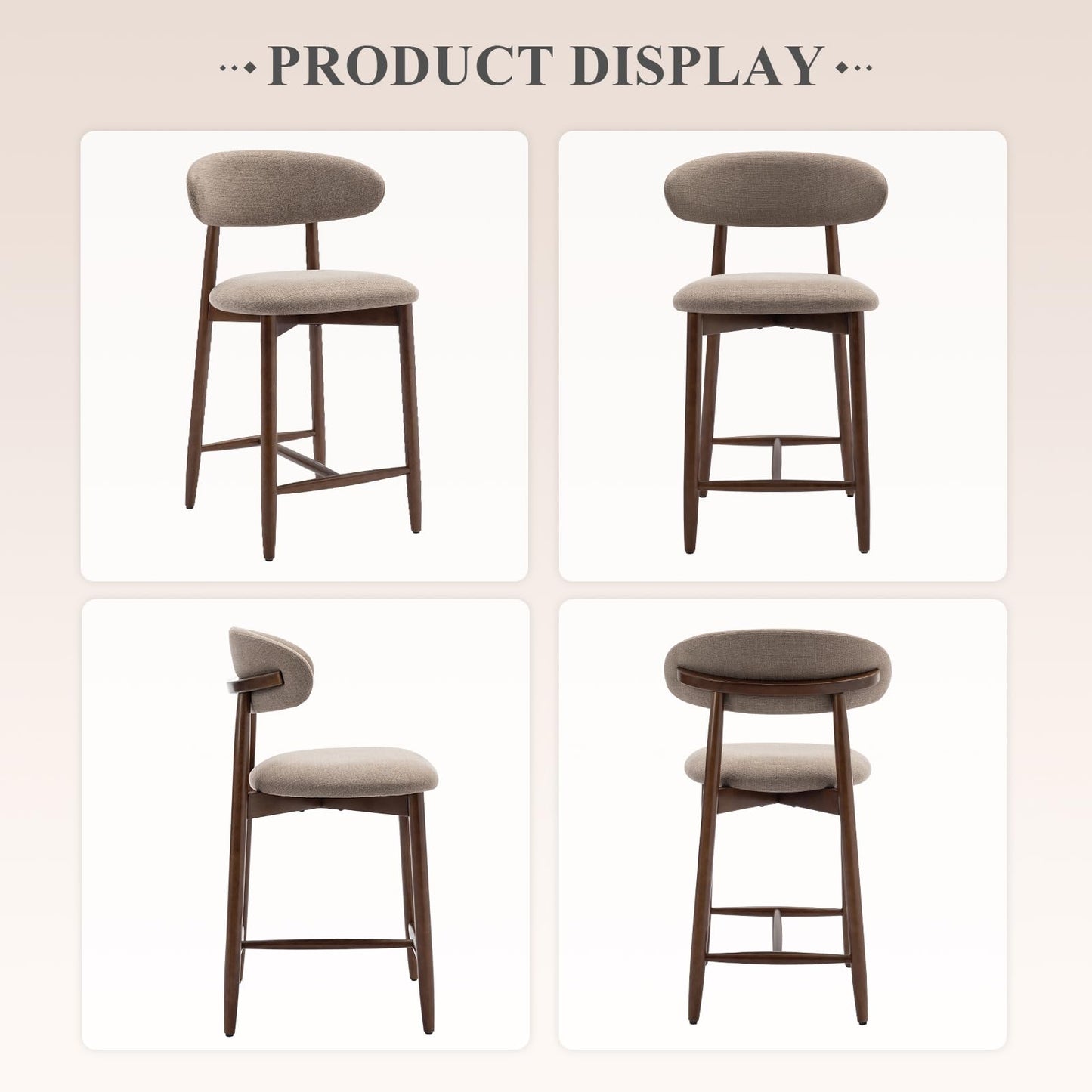 Upholstered Counter Height Bar Stools Set of 4, Kitchen Island Stools with Back, Modern Counter Stools Island Bar Chairs with Wood Legs for Kitchen Island Dining Room Bar, Camel