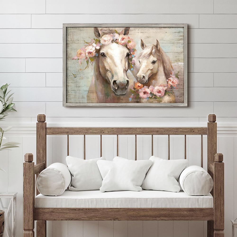 Rustic Horses Wall Art Decor: Western Farm Equine Wooden Picture Country Animals Ponies with Wreath on Head Painting Artwork for Living Room Bedroom 45" x 30"