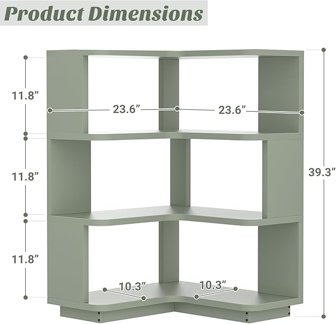 Armocity Corner Book Shelf - 4 Tier Corner Bookshelf Etagere Bookcase with Baffle, Freestanding L Shaped Display Shelf Stand for Home Office, Living Room, Bedroom, Kitchen, Crab Green