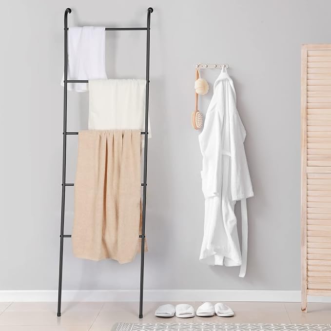 Towel Blanket Ladder Black Metal Blanket Ladder Holder Industrial 5 Tier Wall Leaning Ladder Rack for Bathroom Living Room Laundry Room (Matte Black)