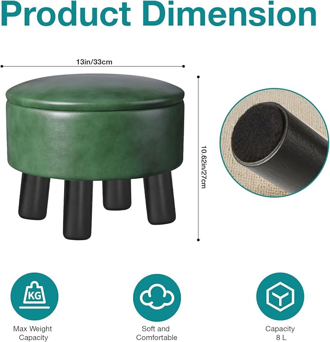 Small Foot Stool Ottoman with Storage, Faux Leather Ottoman Foot Rest for Couch, Round Footstool Ottomans for Living Room (Green)
