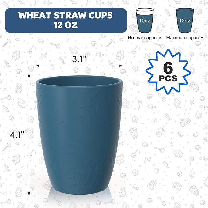 Wheat Straw Cups, Unbreakable Reusable Plastic Cup Set of 6, Lightweight Dishwasher Safe Kids Drinking Cups 12 OZ for Everyday Use, Kitchen, RV, Camping, Blue