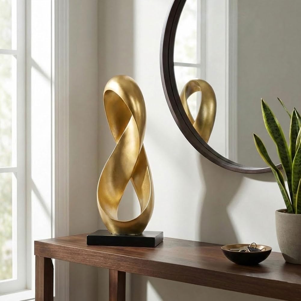 QIANLING 14.6" Tall Abstract Gold Knot Sculpture, Modern Resin Infinity Loop Statue, Modern Tabletop Decor for Coffee Table, Bookshelf, Mantel, Entryway, Living Room Office Accent Centerpiece