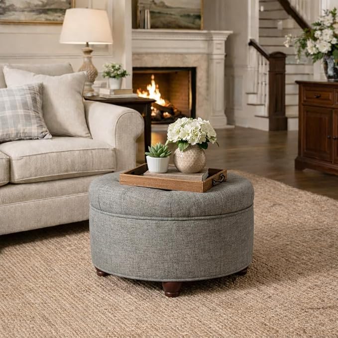 Homepop Home Decor |Button Tufted Woven Round Storage Ottoman | Ottoman with Storage for Living Room & Bedroom (Gray Woven)