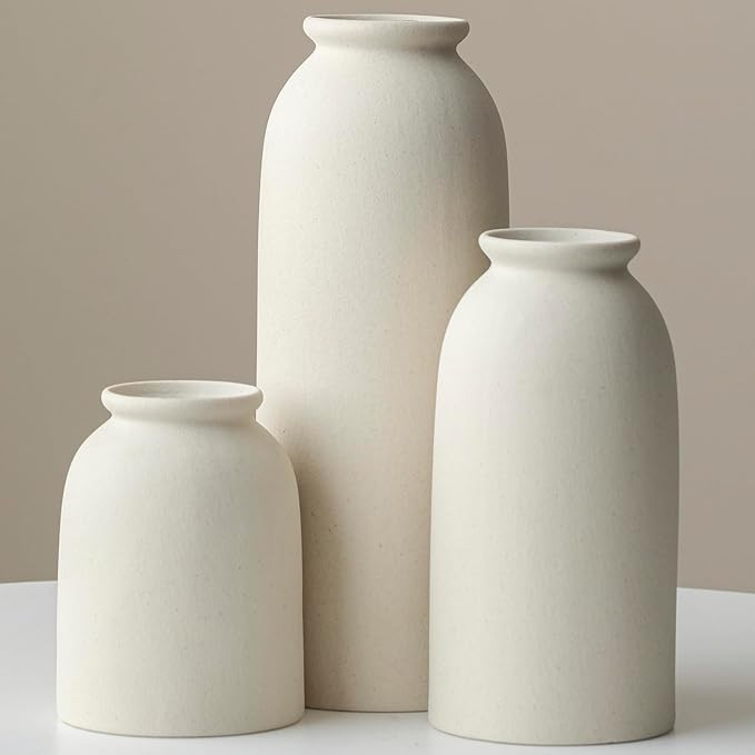 Ceramic Vase Set-3, Large Flower Vases for Decor, Modern Boho Farmhouse Style, 10.4 Inch Tall, 4 Inch Width, Beige Color, Decorative Vases for Pampas Grass, Dried Flowers and Fresh Flowers (XL Beige)