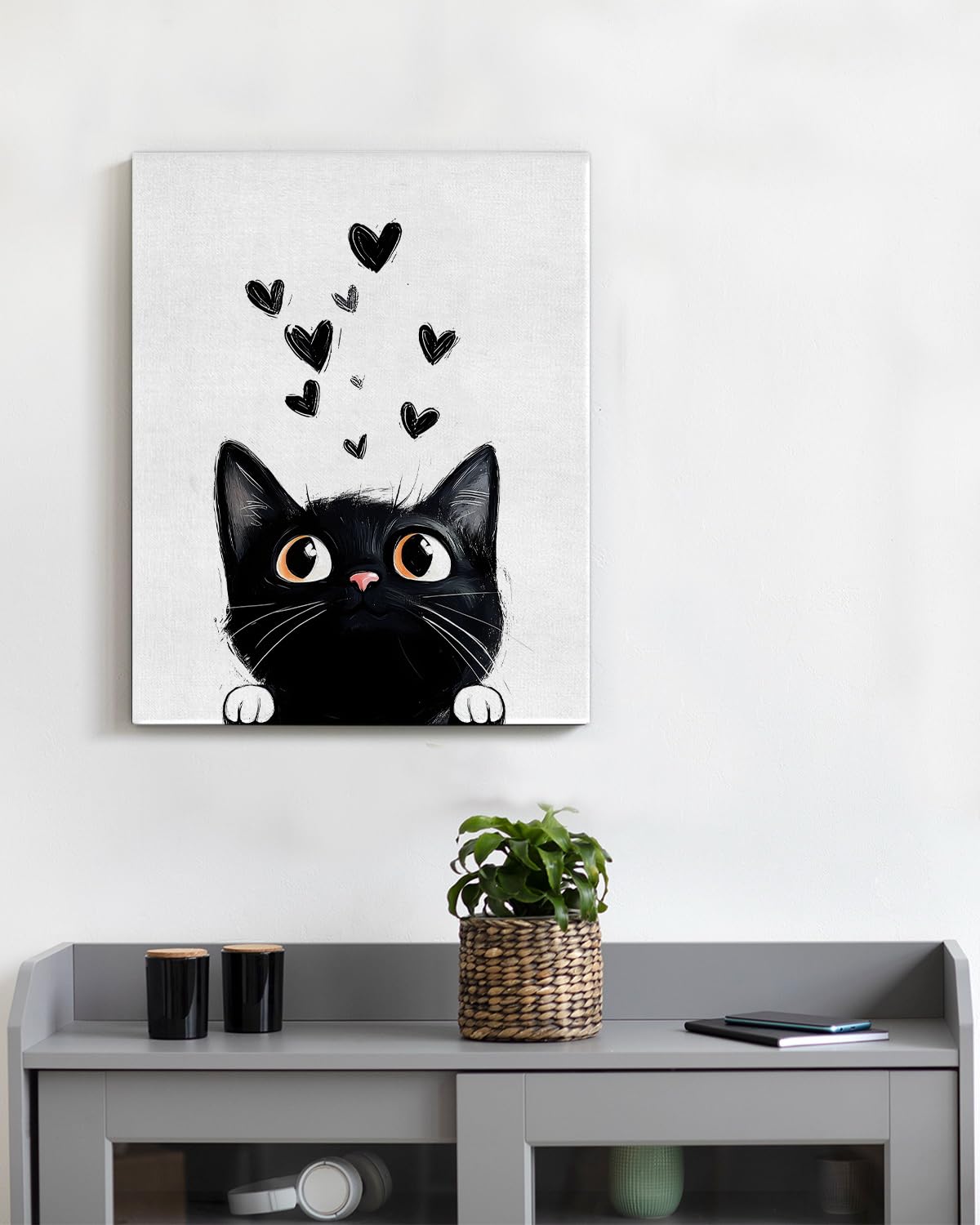 Cute Cartton Cat Canvas Wall Art Black Kitten Print Poster Framed Painting for Home Living Room Bedroom Wall Decor 8x10 Inch, Cat Lover Gifts