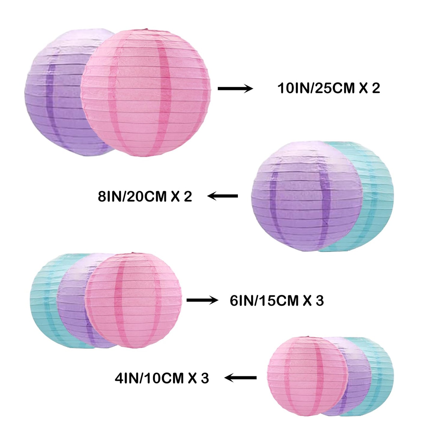 ZOOYOO 10Pcs Paper Lanterns,Pink Purple Blue Round Hanging Tissue Paper Lanterns Decorations for Birthday,Wedding,Baby Shower,Theme Party Garden Home Decor