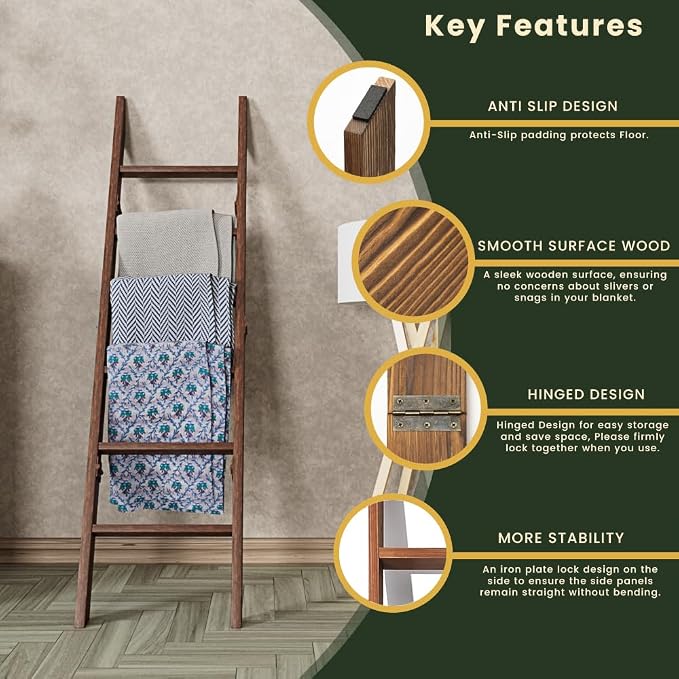 Decorative Foldable Wooden Blanket Ladder, 6-Tier Pine Wood Quilt Ladder 68" — Easy Assembly, Anti-Slip, Farmhouse Decor Rack Stand for Living Room, Bedroom Bathroom (Brown)